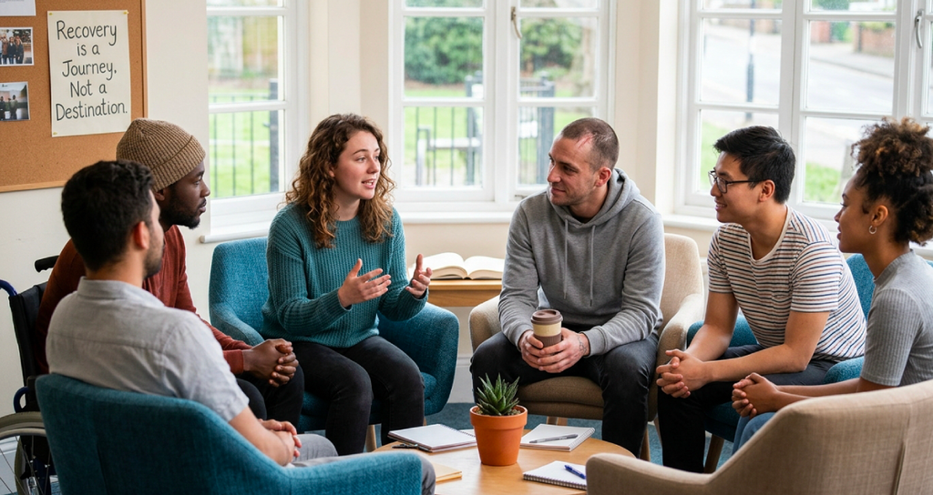 A small group sitting in a circle talking, warm and natural.